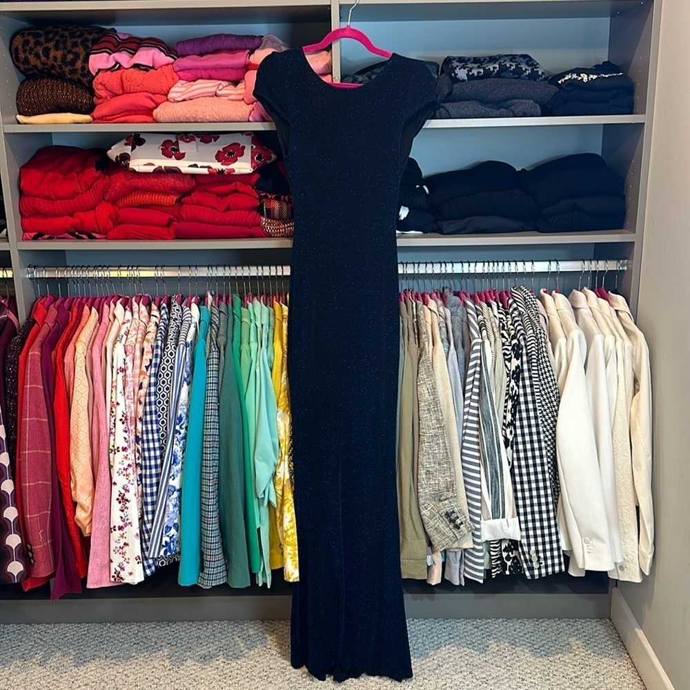 Alice + Olivia navy with metallic blue threads cap sleeve long dress size 0